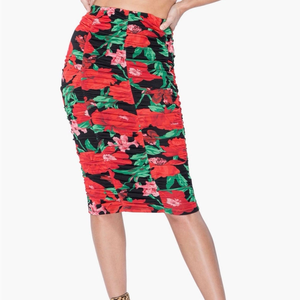 AFRM Red and Green Floral Pencil Skirt